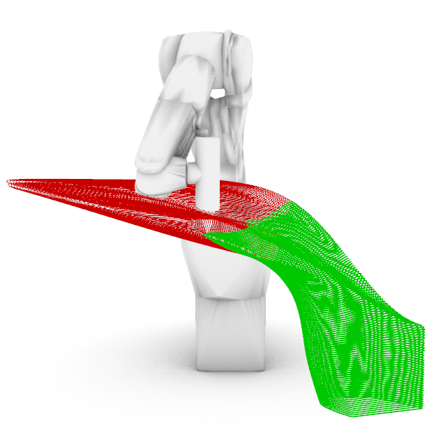 Reachability check on a toolpath: frames the arm can reach shown in green, frames it cannot in red